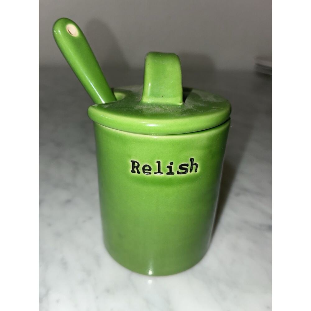 Pottery Barn BBQ Embossed Green Relish Condiment 4” Tall Ceramic Jar Lid Spoon